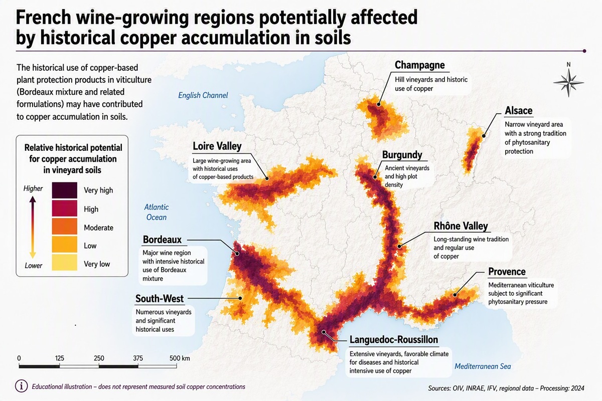 French wine-growing regions affected by historical copper accumulation